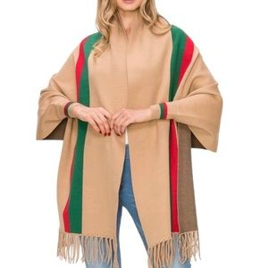 Poncho Tan Color with Red and Green Stripe